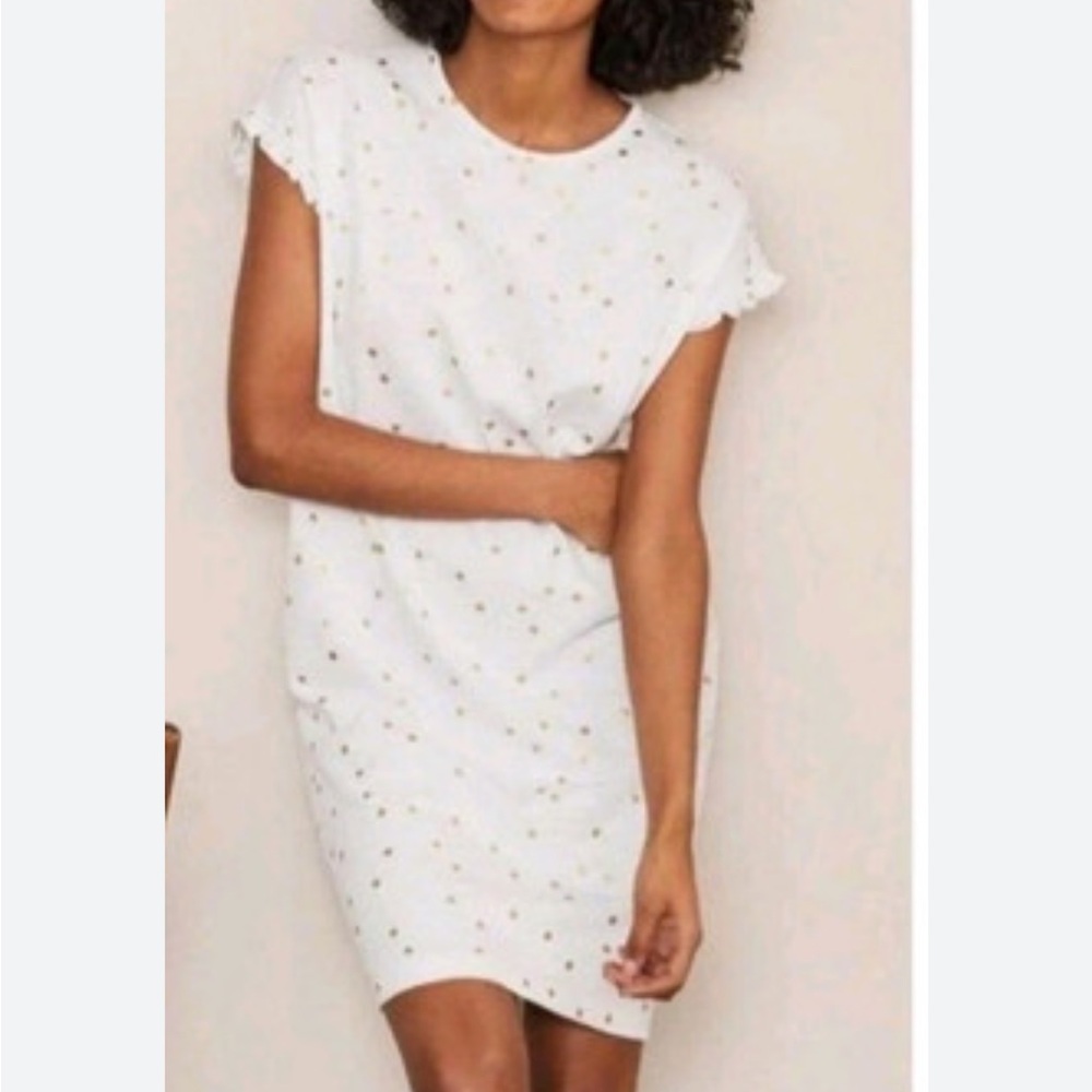 Boden Jersey Knit Polka Dot Gold White Dress Ruffle Short Sleeve Size 12R
